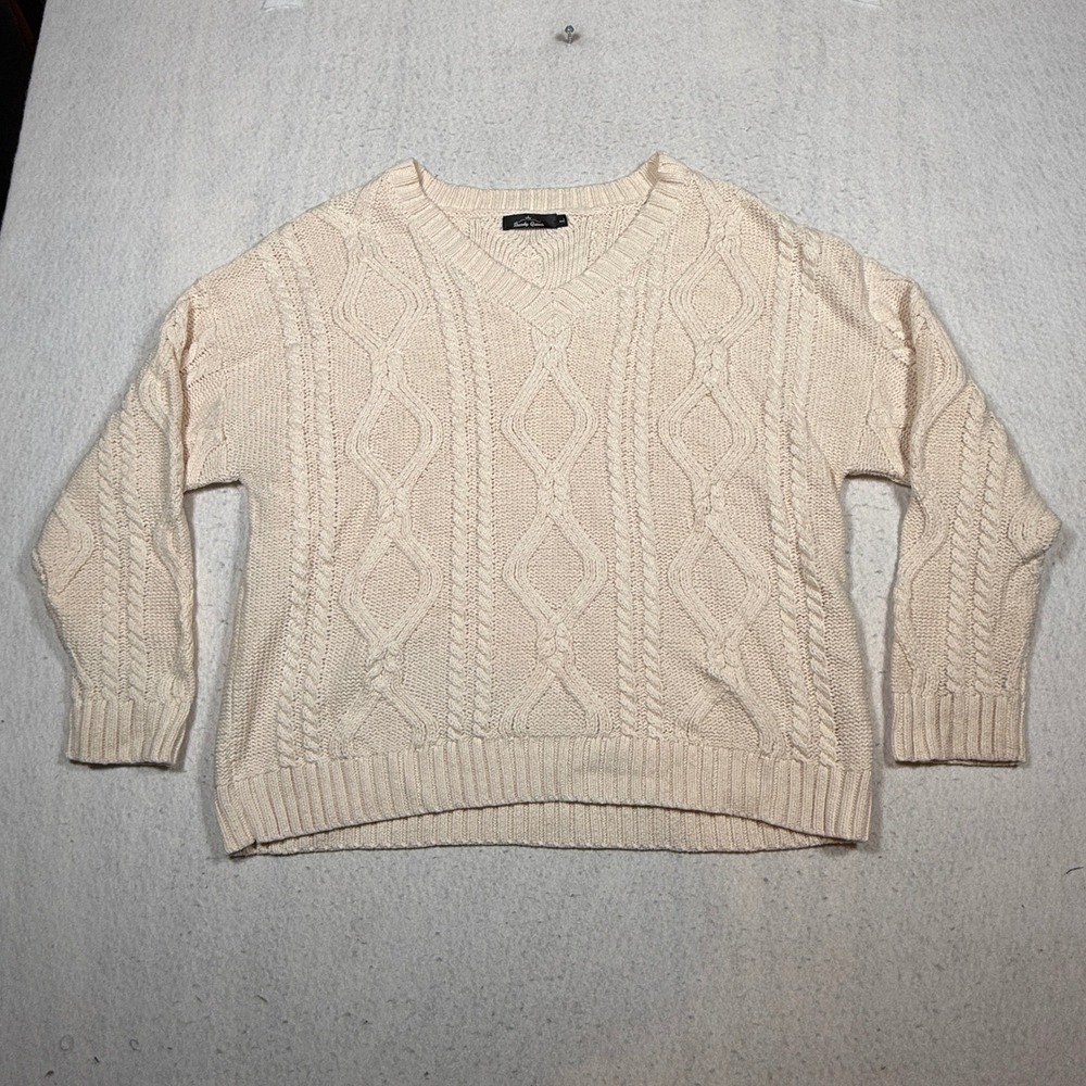 Trendy Queen Womens Cream Cable Knit V-Neck Sweater Oversized Diamond Knit L